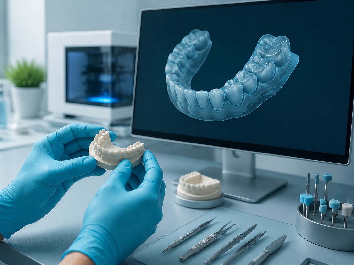 Ilustración de un puesto de trabajo de laboratorio dental digital